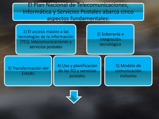 El Plan Nacional de Telecomunicaciones,
       Informática y Servicios Postales abarca cinco
                 aspectos fundamentales:

        1) El acceso masivo a las
                                              2) Soberanía e
     tecnologías de la información
                                               integración
      (TCI), telecomunicaciones y
                                               tecnológica
            servicios postales



                         4) Uso y planificación        5) Modelo de
3) Transformación del
                         de las TCI y servicios        comunicación
        Estado
                               postales                   inclusivo
 