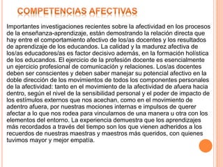 Importantes investigaciones recientes sobre la afectividad en los procesos
de la enseñanza-aprendizaje, están demostrando la relación directa que
hay entre el comportamiento afectivo de los/as docentes y los resultados
de aprendizaje de los educandos. La calidad y la madurez afectiva de
los/as educadores/as es factor decisivo además, en la formación holística
de los educandos. El ejercicio de la profesión docente es esencialmente
un ejercicio profesional de comunicación y relaciones. Los/as docentes
deben ser conscientes y deben saber manejar su potencial afectivo en la
doble dirección de los movimientos de todos los componentes personales
de la afectividad: tanto en el movimiento de la afectividad de afuera hacia
dentro, según el nivel de la sensibilidad personal y el poder de impacto de
los estímulos externos que nos acechan, como en el movimiento de
adentro afuera, por nuestras mociones internas e impulsos de querer
afectar a lo que nos rodea para vincularnos de una manera u otra con los
elementos del entorno. La experiencia demuestra que los aprendizajes
más recordados a través del tiempo son los que vienen adheridos a los
recuerdos de nuestras maestras y maestros más queridos, con quienes
tuvimos mayor y mejor empatía.
 