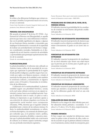 Plan Nacional de Educación Para Todos 2005-2015, Perú
172
SEXO
Se refiere a las diferencias biológicas que existen en-
tre mujer y hombre. Las personas nacen con un sexo,
el sexo es universal.
Fuente: Guías Nacionales de Atención Integral de Salud sexual y Re-
productiva: Lima, Ministerio de Salud, 2004.
PERSONA CON DISCAPACIDAD
De acuerdo al artículo 2º de la Ley Nº 27050 – Ley
General de la Persona con Discapacidad, es aquella
persona que tiene una o más deficiencias evidencia-
das con la pérdida significativa de alguna o algunas
de sus funciones físicas, mentales o sensoriales, que
impliquen la disminución o ausencia de la capacidad
de realizar una actividad dentro de formas o márge-
nes considerados normales, limitándola en el des-
empeño de un rol, función o ejercicio de actividades
y oportunidades para participar equitativamente den-
tro de la sociedad.
Tomado de: www.risolidaria.org.pe/peru/
PLURICULTURALIDAD
La pluriculturalidad es el referente más utilizado en
América Latina, reflejo de la necesidad de un con-
cepto que represente la particularidad de la región
donde pueblos indígenas y pueblos negros han con-
vivido por siglos con blancos-mestizos y donde el
mestizaje ha sido parte de la realidad, como también
la resistencia cultural y, recientemente en algunos
países como el Ecuador y Guatemala, la revitaliza-
ción de las diferencias.
A diferencia de la multiculturalidad, la pluricul-
turalidad sugiere una pluralidad histórica y actual,
en la cual varias culturas conviven en un espacio te-
rritorial y, juntas, hacen una totalidad nacional. Aun-
que la distinción entre lo multi y lo pluri es sutil y
mínima, lo importante es que el primero apunta a
una colección de culturas singulares con formas de
organización social muchas veces yuxtapuestas
(Touraine, 1998), mientras que el segundo señala la
pluralidad entre y dentro de las culturas mismas. Es
decir, la multiculturalidad normalmente se refiere,
en forma descriptiva, a la existencia de distintos gru-
pos culturales que, en la práctica social y política,
permanecen separados, divididos y opuestos, mien-
tras que la pluriculturalidad indica una convivencia
de culturas en el mismo espacio territorial, aunque
sin una profunda interrelación equitativa.
Fuente: Documento Marco para la intervención institucional del Mi-
nisterio de Educación en áreas rurales – MED 2005.
PROBABILIDAD DE CONCLUIR EL NIVEL EN EL
PERÍODO OFICIAL
El indicador muestra la probabilidad de los estudian-
tes de concluir un nivel dentro del período estable-
cido para ello.
Fuente: Indicadores de la Educación. MED
PORCENTAJE DE ESTUDIANTES DESAPROBADOS
El indicador muestra la proporción de alumnos que
no cumplió con los objetivos establecidos para ter-
minar exitosamente el grado en un cierto año es-
colar.
Fuente: Indicadores de la Educación. MED
PORCENTAJE DE ESTUDIANTES CON
EXTRAEDAD
El indicador muestra la proporción de estudiantes
de un nivel educativo que tienen una edad mayor
que la prevista por la norma para el grado que se
encuentran cursando.
Fuente: Indicadores de la Educación. MED
PORCENTAJE DE ESTUDIANTES RETIRADOS
El indicador muestra la proporción de alumnos que
se retiró de la escuela sin llegar al final del año escolar.
Fuente: Indicadores de la Educación. MED
PORCENTAJE DE ESCUELAS UNIDOCENTES
El indicador muestra la proporción de escuelas pri-
marias que atienden a un promedio de 26 estudian-
tes de los diferentes grados del nivel en una sola
aula.
Fuente: Indicadores de la Educación. MED
POBLACIÓN EN EDAD ESCOLAR
Población en los rangos de edad oficiales para reci-
bir educación inicial, primaria y secundaria -3 a 5
años, 6 a 11 años y 12 a 16 años, respectivamente.
Fuente: Indicadores de la Educación. MED
PRIMERA INFANCIA
Si bien surgen una variedad de definiciones tanto
entre los países como al interior de ellos, todos es-
tán de acuerdo en que la primera infancia comienza
con el nacimiento, incluso desde la concepción, pero
 