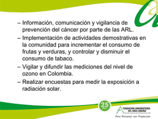 – Información, comunicación y vigilancia de 
prevención del cáncer por parte de las ARL. 
– Implementación de actividades demostrativas en 
la comunidad para incrementar el consumo de 
frutas y verduras, y controlar y disminuir el 
consumo de tabaco. 
– Vigilar y difundir las mediciones del nivel de 
ozono en Colombia. 
– Realizar encuestas para medir la exposición a 
radiación solar. 
 