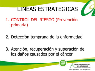 LINEAS ESTRATEGICAS 
1. CONTROL DEL RIESGO (Prevención 
primaria) 
2. Detección temprana de la enfermedad 
3. Atención, recuperación y superación de 
los daños causados por el cáncer 
 