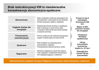 9
Brak restrukturyzacji KW to nieodwracalne
konsekwencje ekonomiczno-społeczne
Ciągłość dostaw dla
energetyki
Ekonomiczne
Społeczne
Regionalne
Niekontrolowana upadłość Kompanii Węglowej to znaczące skutki biznesowe i społeczne
•  Brak możliwości realizacji zobowiązań dla
kontrahentów i wierzycieli (w tym banków)
•  Paraliż decyzyjny spółki w upadłości
•  Nieskoordynowane przerwy w wydobyciu
•  Brak inwestycji w nowe fronty robót
i znaczące zaburzenie łańcuchów dostaw
w średnim terminie
•  Pomoc publiczna dla restrukturyzowanych
kopalni możliwa tylko do końca 2018
•  Brak środków na zabezpieczenie
pracowników i odprawy
•  Pozostawienie sektora samemu sobie
•  Skokowy negatywny impuls dla regionu
•  Fala upadłości i problemów finansowych
firm współpracujących z sektorem
Ponad 4,2 mld zł
zobowiązań
finansowych KW
S.A.
Wpływ na 60%
wolumenu dostaw
dla energetyki
~49 tys.
pracowników
(pracownicy
kopalni to ~47 tys.)
Dziesiątki firm
i ponad 150 tys.
pracowników
Chaotyczna
likwidacja
upadłościowa
Finansowanie
restrukturyzacji
 