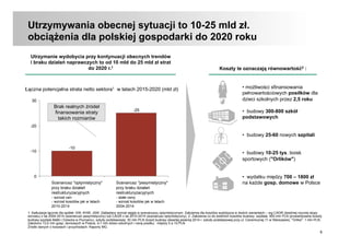 6
Utrzymywania obecnej sytuacji to 10-25 mld zł.
obciążenia dla polskiej gospodarki do 2020 roku
1. Kalkulacje łącznie dla spółek: KW, KHW, JSW. Zakładany wzrost węgla w scenariuszu optymistycznym. Założenia dla kosztów wydobycia w dwóch wariantach – wg CAGR (średniej rocznej stopy
wzrostu) z lat 2004-2014 (scenariusz pesymistyczny) lub CAGR z lat 2010-2014 (scenariusz optymistyczny). 2. Założenia co do średnich kosztów budowy: szpitala: 400 mln PLN (przewidywane koszty
budowy szpitala Matki i Dziecka w Poznaniu), szkoły podstawowej: 30 mln PLN (koszt budowy otwartej jesienią 2014 r. szkoły podstawowej przy ul. Ceramicznej 11 w Warszawie), "Orlika": 1 mln PLN.
Założono 13,5 mln gosp. domowych w Polsce, 4,7 mln dzieci szkolnych i cenę posiłku: między 5 a 10 PLN.
Źródło danych o kosztach i przychodach: Raporty MG.
Utrzymanie wydobycia przy kontynuacji obecnych trendów
i braku działań naprawczych to od 10 mld do 25 mld zł strat
do 2020 r.1
Łączna potencjalna strata netto sektora1 w latach 2015-2020 (mld zł)
-10
0
-20
30
Scenariusz "pesymistyczny"
przy braku działań
restrukturyzacyjnych
- stałe ceny
- wzrost kosztów jak w latach
2004-2014
-10
Scenariusz "optymistyczny"
przy braku działań
restrukturyzacyjnych
- wzrost cen
- wzrost kosztów jak w latach
2010-2014
-25
• możliwości sfinansowania
pełnowartościowych posiłków dla
dzieci szkolnych przez 2,5 roku
•  budowy 300-800 szkół
podstawowych
•  budowy 25-60 nowych szpitali
•  budowy 10-25 tys. boisk
sportowych ("Orlików")
•  wydatku między 700 – 1800 zł
na każde gosp. domowe w Polsce
Koszty te oznaczają równowartość2 :
Brak realnych źródeł
finansowania straty
takich rozmiarów
 