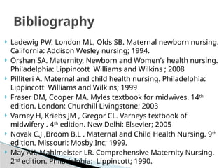Bibliography
 Ladewig PW, London ML, Olds SB. Maternal newborn nursing.
California: Addison Wesley nursing; 1994.
 Orshan SA. Maternity, Newborn and Women’s health nursing.
Philadelphia: Lippincott Williams and Wilkins ; 2008
 Pilliteri A. Maternal and child health nursing. Philadelphia:
Lippincott Williams and Wilkins; 1999
 Fraser DM, Cooper MA. Myles textbook for midwives. 14th
edition. London: Churchill Livingstone; 2003
 Varney H, Kriebs JM , Gregor CL. Varneys textbook of
midwifery . 4th
edition. New Delhi: Elsevier; 2005
 Novak C.J ,Broom B.L . Maternal and Child Health Nursing. 9th
edition. Missouri: Mosby Inc; 1999.
 May AK, Mahlmeister LR. Comprehensive Maternity Nursing.
2nd
edition. Philadelphia: Lippincott; 1990.
 