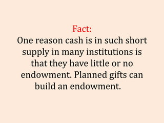 Fact: One reason cash is in such short supply in many institutions is that they have little or no endowment. Planned gifts...
