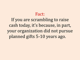 Fact: If you are scrambling to raise cash today, it's because, in part, your organization did not pursue planned gifts 5-1...