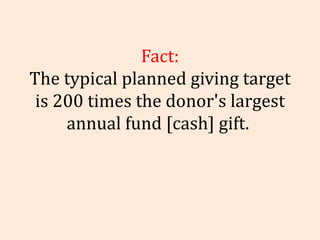 Fact: The typical planned giving target is 200 times the   donor's largest annual fund [cash] gift.  