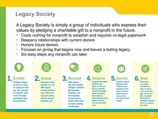 Legacy Society
A Legacy Society is simply a group of individuals who express their
values by pledging a charitable gift to a nonprofit in the future.
•   Costs nothing for nonprofit to establish and requires no legal paperwork
•   Deepens relationships with current donors
•   Honors future donors
•   Focuses on giving that begins now and leaves a lasting legacy
•   Six easy steps any nonprofit can take:




                                                                               16
 