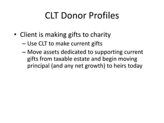 CLT Donor Profiles
• Client is making gifts to charity
  – Use CLT to make current gifts
  – Move assets dedicated to supporting current
    gifts from taxable estate and begin moving
    principal (and any net growth) to heirs today
 