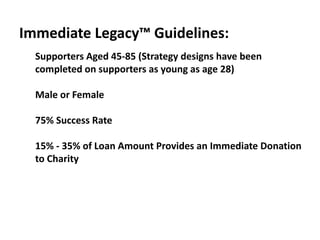 Immediate Legacy™ Guidelines:
  Supporters Aged 45-85 (Strategy designs have been
  completed on supporters as young as age 28)

  Male or Female

  75% Success Rate

  15% - 35% of Loan Amount Provides an Immediate Donation
  to Charity
 