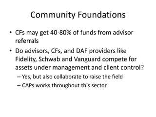 Community Foundations
• CFs may get 40-80% of funds from advisor
  referrals
• Do advisors, CFs, and DAF providers like
  Fidelity, Schwab and Vanguard compete for
  assets under management and client control?
  – Yes, but also collaborate to raise the field
  – CAPs works throughout this sector
 