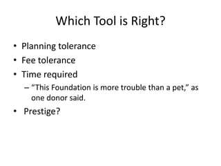 Which Tool is Right?
• Planning tolerance
• Fee tolerance
• Time required
  – “This Foundation is more trouble than a pet,” as
    one donor said.
• Prestige?
 
