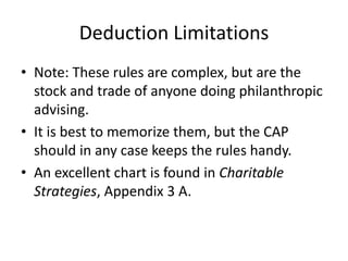 Deduction Limitations
• Note: These rules are complex, but are the
  stock and trade of anyone doing philanthropic
  advising.
• It is best to memorize them, but the CAP
  should in any case keeps the rules handy.
• An excellent chart is found in Charitable
  Strategies, Appendix 3 A.
 