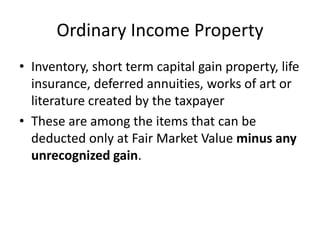 Ordinary Income Property
• Inventory, short term capital gain property, life
  insurance, deferred annuities, works of art or
  literature created by the taxpayer
• These are among the items that can be
  deducted only at Fair Market Value minus any
  unrecognized gain.
 