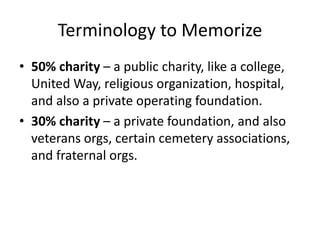 Terminology to Memorize
• 50% charity – a public charity, like a college,
  United Way, religious organization, hospital,
  and also a private operating foundation.
• 30% charity – a private foundation, and also
  veterans orgs, certain cemetery associations,
  and fraternal orgs.
 