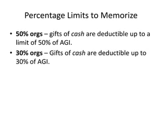 Percentage Limits to Memorize
• 50% orgs – gifts of cash are deductible up to a
  limit of 50% of AGI.
• 30% orgs – Gifts of cash are deductible up to
  30% of AGI.
 