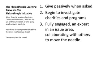 The Philanthropic Learning                1. Give passively when asked
Curve via The
Philanthropic Initiative                  2. Begin to investigate
Many financial services clients are
“proto-philanthropists,” who are not         charities and programs
yet on the curve at all, or only giving
small amounts passively.                  3. Fully engaged, an expert
How many years or generations before
the client reaches stage three?
                                             in an issue area,
Can we shorten the curve?
                                             collaborating with others
                                             to move the needle
 