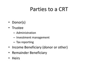 Parties to a CRT

• Donor(s)
• Trustee
   – Administration
   – Investment management
   – Tax reporting
• Income Beneficiary (donor or other)
• Remainder Beneficiary
• Heirs
 