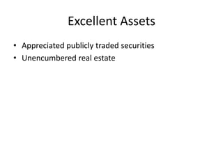 Excellent Assets
• Appreciated publicly traded securities
• Unencumbered real estate
 