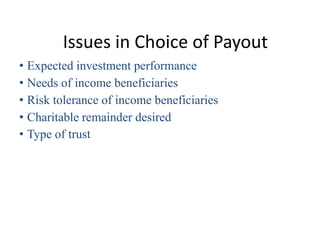 Issues in Choice of Payout
• Expected investment performance
• Needs of income beneficiaries
• Risk tolerance of income beneficiaries
• Charitable remainder desired
• Type of trust
 