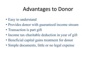 Advantages to Donor
• Easy to understand
• Provides donor with guaranteed income stream
• Transaction is part gift
• Income tax charitable deduction in year of gift
• Beneficial capital gains treatment for donor
• Simple documents, little or no legal expense
 