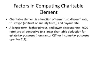 Factors in Computing Charitable
                 Element
• Charitable element is a function of term trust, discount rate,
  trust type (unitrust or annuity trust), and payout rate
• A longer term, higher payout, and lower discount rate (7520
  rate), are all conducive to a larger charitable deduction for
  estate tax purposes (nongrantor CLT) or income tax purposes
  (grantor CLT).
 