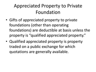 Appreciated Property to Private
             Foundation
• Gifts of appreciated property to private
  foundations (other th...