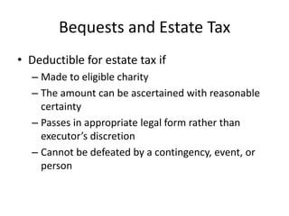 Bequests and Estate Tax
• Deductible for estate tax if
  – Made to eligible charity
  – The amount can be ascertained with...