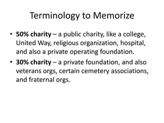 Terminology to Memorize
• 50% charity – a public charity, like a college,
  United Way, religious organization, hospital,
...