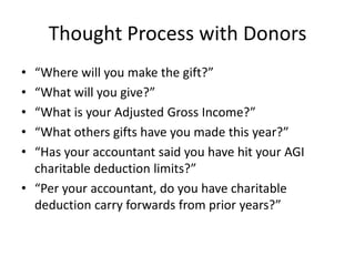 Thought Process with Donors
• “Where will you make the gift?”
• “What will you give?”
• “What is your Adjusted Gross Incom...
