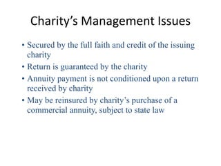 Charity’s Management Issues
• Secured by the full faith and credit of the issuing
  charity
• Return is guaranteed by the ...
