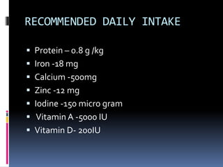 RECOMMENDED DAILY INTAKE
 Protein – 0.8 g /kg
 Iron -18 mg
 Calcium -500mg
 Zinc -12 mg
 Iodine -150 micro gram
 Vitamin A -5000 IU
 Vitamin D- 200IU
 