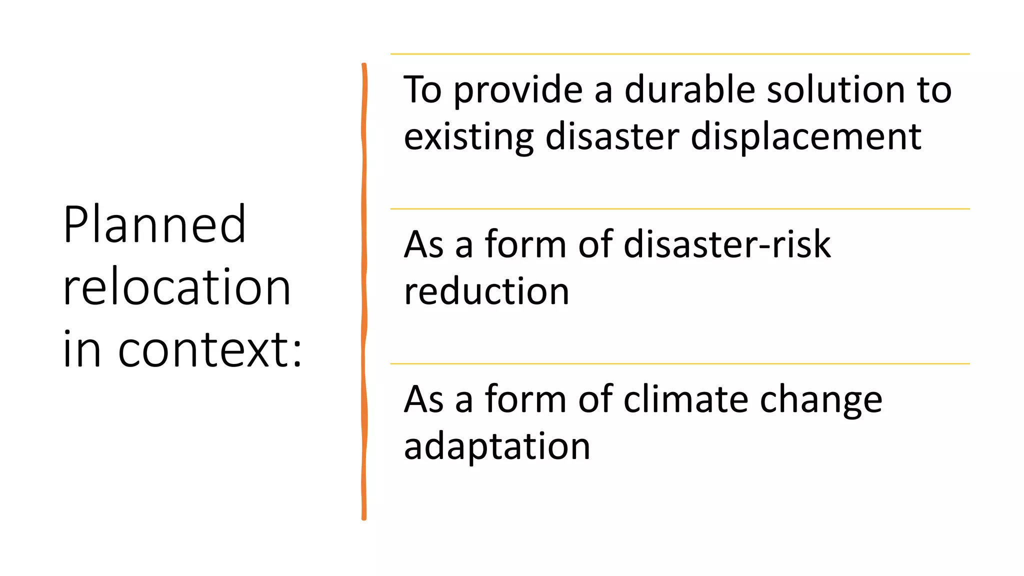 Planned
relocation
in context:
To provide a durable solution to
existing disaster displacement
As a form of disaster-risk
reduction
As a form of climate change
adaptation
 