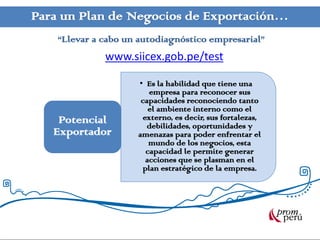 Para un Plan de Negocios de Exportación…
    “Llevar a cabo un autodiagnóstico empresarial”
              www.siicex.gob.pe/test

                     • Es la habilidad que tiene una
                        empresa para reconocer sus
                      capacidades reconociendo tanto
                        el ambiente interno como el
    Potencial         externo, es decir, sus fortalezas,
                        debilidades, oportunidades y
   Exportador        amenazas para poder enfrentar el
                        mundo de los negocios, esta
                       capacidad le permite generar
                       acciones que se plasman en el
                      plan estratégico de la empresa.
 