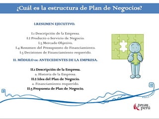 ¿Cuál es la estructura de Plan de Negocios?

           I.RESUMEN EJECUTIVO.

             I.1 Descripción de la Empresa.
         I.2 Producto o Servicio de Negocio.
                  I.3 Mercado Objetivo.
 I.4 Resumen del Presupuesto de Financiamiento.
    I.5 Decisiones de Financiamiento requerido.
II. MÓDULO 01: ANTECEDENTES DE LA EMPRESA.

          II.1 Descripción de la Empresa.
              a. Historia de la Empresa.
           II.2 Idea del Plan de Negocio.
            a. Financiamiento requerido.
       II.3 Propuesta de Plan de Negocio.
 