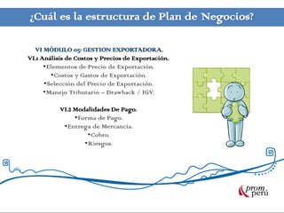 ¿Cuál es la estructura de Plan de Negocios?

  VI MÓDULO 05: GESTION EXPORTADORA.
VI.1 Análisis de Costos y Precios de Exportación.
      •Elementos de Precio de Exportación.
        •Costos y Gastos de Exportación.
      •Selección del Precio de Exportación.
      •Manejo Tributario – Drawback / IGV.

           VI.2 Modalidades De Pago.
                •Forma de Pago.
            •Entrega de Mercancía.
                    •Cobro.
                   •Riesgos.
 