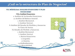 ¿Cuál es la estructura de Plan de Negocios?
VII. MÓDULO06: ANALISIS FINANCIERO Y PLAN
                       FINANCIERO
               VII.1 Análisis Financiero.
          a. Análisis de los Estados Financieros.
           a.1 Análisis del Balance General.
                 1. Análisis Horizontal.
                   2. Análisis Vertical.
     b. Análisis del Estados de Pérdidas y Ganancias.
                   b.1 Costo de Ventas.
         b.2 Estados de Pérdida y Ganancias.
                 1. Análisis Horizontal.
                    2. Análisis Vertical
                     c. Ratios Financieros.
                        c.1 Liquidez.
                        c.2 Gestión.
                   c.3 Endeudamiento.
                     c.4 Rentabilidad.
                    d. Punto de Equilibrio.
 