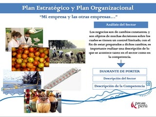 Plan Estratégico y Plan Organizacional
     “Mi empresa y las otras empresas…”
                                      Análisis del Sector
                           Los negocios son de cambios constantes, y
                          son objetos de muchas decisiones sobre los
                          cuales se tienen un control limitado, con el
                          fin de estar preparados a dichos cambios, es
                           importante realizar una descripción de lo
                          que se acontece tanto en el sector como en
                                         la competencia.



                                 DIAMANTE DE PORTER
                                    Descripción del Sector

                              Descripción de la Competencia
 