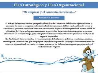Plan Estratégico y Plan Organizacional
                      “Mi empresa y el contexto comercial…”
                                        Análisis del Entorno

    El análisis del entorno es vital para poder identificar las fortalezas, debilidades, oportunidades y
    amenazas de nuestra empresa en los mercados internacionales. Si bien en el análisis del sector y
competencia podemos identificar como nos encontramos respecto a las empresas del mismo sector, en
    el Análisis del Entorno logramos reconocer y aprovechar los acontecimientos que se presentan,
 administrar los factores riesgo, para así lograr con éxito nuestras actividades plasmadas en el plan de
                                            negocio exportador.
    Un Análisis del Entorno implica el reconocimiento de los factores políticos, económicos, sociales,
 tecnológicos y ambientales, que son propios y que forman parte del complejo e inmenso contexto del
   comercio internacional, los cuales revelaran muchas de las influencias externas que pesan sobre el
                                          rendimiento del negocio.
 