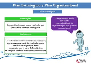 Plan Estratégico y Plan Organizacional
                                        Plan Estratégico.


                 Estrategias                            ¿De qué manera puedo
                                                               reforzar la
                                                         concretización de los
  Son combinaciones de planes y métodos que          objetivos específicos y medir
      apoyan a los objetivos estratégicos.                  sus resultados?


                 Indicadores

Los indicadores son instrumentos de planeación,
   que se usan para medir los resultados que se
          obtienen de la ejecución de las
     estrategias para el logro de los objetivos
estratégicos en el que se encuentran enmarcados.
 