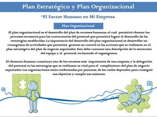 Plan Estratégico y Plan Organizacional
                        “El Factor Humano en Mi Empresa
                                      Plan Organizacional.
  El plan organizacional es el desarrollo del plan de recursos humanos, el cual permitirá obtener los
   procesos necesarios para las convocatorias del personal que permitirá lograr el desarrollo de las
   estrategias establecidas. La importancia del desarrollo del plan organizacional es desarrollar un
 cronograma de actividades que permitirá generar un control en las acciones que se realizaran en el
plan estratégico del plan de negocio exportador. Este debe contener una descripción de la estructura
                        del equipo y el personal, incluyendo el organigrama.

El elemento humano constituye uno de los recursos más importantes de una empresa y la delegación
  del personal en las estrategias que se realizaran es vital para el cumplimiento del plan de negocio
exportador. Las organizaciones están conformadas por personas, de las cuales dependen para conseguir
                                  sus objetivos y cumplir sus misiones.
 