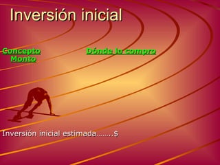 Inversión inicial Concepto   Dónde lo compro   Monto Inversión inicial estimada ……..$ 