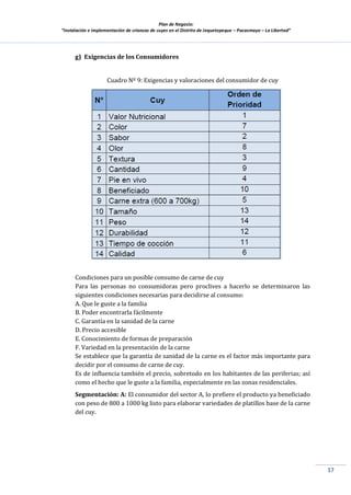 Plan de Negocio:
”Instalación e implementación de crianzas de cuyes en el Distrito de Jequetepeque – Pacasmayo – La Libertad”
17
g) Exigencias de los Consumidores
Cuadro Nº 9: Exigencias y valoraciones del consumidor de cuy
Condiciones para un posible consumo de carne de cuy
Para las personas no consumidoras pero proclives a hacerlo se determinaron las
siguientes condiciones necesarias para decidirse al consumo:
A. Que le guste a la familia
B. Poder encontrarla fácilmente
C. Garantía en la sanidad de la carne
D. Precio accesible
E. Conocimiento de formas de preparación
F. Variedad en la presentación de la carne
Se establece que la garantía de sanidad de la carne es el factor más importante para
decidir por el consumo de carne de cuy.
Es de influencia también el precio, sobretodo en los habitantes de las periferias; así
como el hecho que le guste a la familia, especialmente en las zonas residenciales.
Segmentación: A: El consumidor del sector A, lo prefiere el producto ya beneficiado
con peso de 800 a 1000 kg listo para elaborar variedades de platillos base de la carne
del cuy.
 