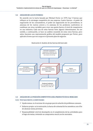 Plan de Negocio:
”Instalación e implementación de crianzas de cuyes en el Distrito de Jequetepeque – Pacasmayo – La Libertad”
26
3.2 ANÁLISIS DE LAS 05 FUERZAS
De acuerdo con la teoría lanzada por Michael Porter en 1979, hay 5 fuerzas que
influyen en la estrategia competitiva de una empresa. Cuatro fuerzas– el poder de
negociación de los consumidores, el poder de negociación de los proveedores, la
amenaza de los nuevos actores y la amenaza de los productos sustitutivos se
combinan con otras variables para crear una quinta fuerza, el nivel de competencia
en una industria. Cada una de estas fuerzas tiene algunos determinantes. En ese
sentido, a continuación, se hace un análisis resumido de estas cinco fuerzas, pero
antes, hacemos una representación gráfica del modelo propuesto por Porter, pero
aplicado al tema que nos ocupa en el presente plan de negocios.
Ilustración 6: Analisis de las fuerzas del mercado
3.3 ANÁLISIS DE LA POSICIÓN COMPETITIVA DEL PRODUCTO EN EL MERCADO
3.3.1 VENTAJAS FRENTE A COMPETIDORES
 Ayuda mutua: es el accionar de un grupo para la solución de problemas comunes.
 Esfuerzo propio: es la motivación, la fuerza de voluntad de los miembros con el fin
de alcanzar metas previstas.
 Responsabilidad: nivel de desempeño en el cumplimiento de las actividades para
el logro de metas, sintiendo un compromiso moral con los asociados.
 
