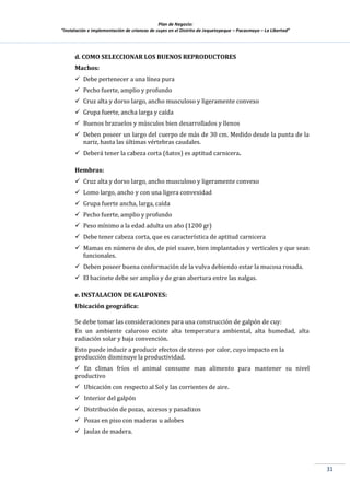 Plan de Negocio:
”Instalación e implementación de crianzas de cuyes en el Distrito de Jequetepeque – Pacasmayo – La Libertad”
31
d. COMO SELECCIONAR LOS BUENOS REPRODUCTORES
Machos:
 Debe pertenecer a una línea pura
 Pecho fuerte, amplio y profundo
 Cruz alta y dorso largo, ancho musculoso y ligeramente convexo
 Grupa fuerte, ancha larga y caída
 Buenos brazuelos y músculos bien desarrollados y llenos
 Deben poseer un largo del cuerpo de más de 30 cm. Medido desde la punta de la
nariz, hasta las últimas vértebras caudales.
 Deberá tener la cabeza corta (ñatos) es aptitud carnicera.
Hembras:
 Cruz alta y dorso largo, ancho musculoso y ligeramente convexo
 Lomo largo, ancho y con una ligera convexidad
 Grupa fuerte ancha, larga, caída
 Pecho fuerte, amplio y profundo
 Peso mínimo a la edad adulta un año (1200 gr)
 Debe tener cabeza corta, que es característica de aptitud carnicera
 Mamas en número de dos, de piel suave, bien implantados y verticales y que sean
funcionales.
 Deben poseer buena conformación de la vulva debiendo estar la mucosa rosada.
 El bacinete debe ser amplio y de gran abertura entre las nalgas.
e. INSTALACION DE GALPONES:
Ubicación geográfica:
Se debe tomar las consideraciones para una construcción de galpón de cuy:
En un ambiente caluroso existe alta temperatura ambiental, alta humedad, alta
radiación solar y baja convención.
Esto puede inducir a producir efectos de stress por calor, cuyo impacto en la
producción disminuye la productividad.
 En climas fríos el animal consume mas alimento para mantener su nivel
productivo
 Ubicación con respecto al Sol y las corrientes de aire.
 Interior del galpón
 Distribución de pozas, accesos y pasadizos
 Pozas en piso con maderas u adobes
 Jaulas de madera.
 