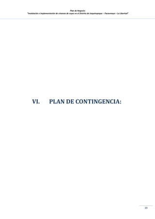Plan de Negocio:
”Instalación e implementación de crianzas de cuyes en el Distrito de Jequetepeque – Pacasmayo – La Libertad”
39
VI. PLAN DE CONTINGENCIA:
 