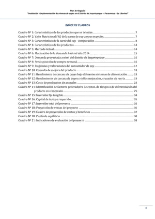 Plan de Negocio:
”Instalación e implementación de crianzas de cuyes en el Distrito de Jequetepeque – Pacasmayo – La Libertad”
4
ÍNDICE DE CUADROS
Cuadro Nº 1: Características de los productos que se brindan ........................................................ 7
Cuadro Nº 2: Valor Nutricional (%) de la carne de cuy a otras especies.......................................... 7
Cuadro Nº 3: Caracteristicas de la carne del cuy - comparación...................................................... 8
Cuadro Nº 4: Características de los productos ............................................................................... 14
Cuadro Nº 5: Mercado Actual.......................................................................................................... 14
Cuadro Nº 6: Fluctuación de la demanda hasta el año 2014 .......................................................... 15
Cuadro Nº 7: Demanda proyectada a nivel del distrito de Jequetepeque ...................................... 16
Cuadro Nº 8: Predisposición de compra semanal........................................................................... 16
Cuadro Nº 9: Exigencias y valoraciones del consumidor de cuy.................................................... 17
Cuadro Nº 10: Consulta de mejora del producto............................................................................ 18
Cuadro Nº 11: Rendimiento de carcasa de cuyes bajo diferentes sistemas de alimentación ........ 19
Cuadro Nº 12: Rendimientos de carcasa de cuyes criollos mejorados, cruzados de recría........... 19
Cuadro Nº 13: Costo de produccion de animales ........................................................................... 22
Cuadro Nº 14: Identificación de factores generadores de costos, de riesgos o de diferenciación del
producto en el mercado.............................................................................................. 25
Cuadro Nº 15: Inversión fija tangible.............................................................................................. 34
Cuadro Nº 16: Capital de trabajo requerido ................................................................................... 35
Cuadro Nº 17: Inversión total del proyecto.................................................................................... 35
Cuadro Nº 18: Proyección de ventas del proyecto ......................................................................... 36
Cuadro Nº 19: Cuadro de proyección de costos y beneficios ......................................................... 37
Cuadro Nº 20: Punto de equilibrio.................................................................................................. 38
Cuadro Nº 21: Indicadores de evaluación del proyecto ................................................................. 38
 