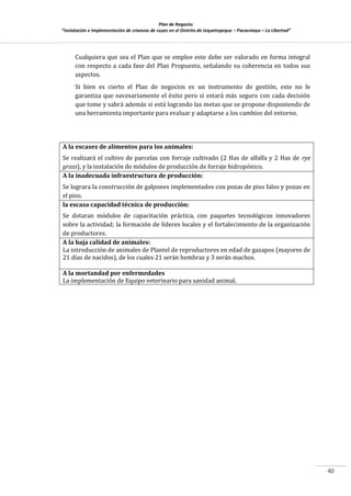 Plan de Negocio:
”Instalación e implementación de crianzas de cuyes en el Distrito de Jequetepeque – Pacasmayo – La Libertad”
40
Cualquiera que sea el Plan que se emplee este debe ser valorado en forma integral
con respecto a cada fase del Plan Propuesto, señalando su coherencia en todos sus
aspectos.
Si bien es cierto el Plan de negocios es un instrumento de gestión, este no le
garantiza que necesariamente el éxito pero si estará más seguro con cada decisión
que tome y sabrá además si está logrando las metas que se propone disponiendo de
una herramienta importante para evaluar y adaptarse a los cambios del entorno.
A la escasez de alimentos para los animales:
Se realizará el cultivo de parcelas con forraje cultivado (2 Has de alfalfa y 2 Has de rye
grass), y la instalación de módulos de producción de forraje hidropónico.
A la inadecuada infraestructura de producción:
Se lograra la construcción de galpones implementados con pozas de piso falso y pozas en
el piso.
la escasa capacidad técnica de producción:
Se dotaran módulos de capacitación práctica, con paquetes tecnológicos innovadores
sobre la actividad; la formación de líderes locales y el fortalecimiento de la organización
de productores.
A la baja calidad de animales:
La introducción de animales de Plantel de reproductores en edad de gazapos (mayores de
21 días de nacidos), de los cuales 21 serán hembras y 3 serán machos.
A la mortandad por enfermedades
La implementación de Equipo veterinario para sanidad animal.
 