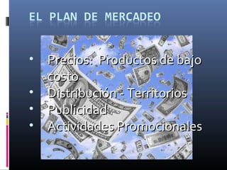 • Precios: Productos de bajoPrecios: Productos de bajo
costocosto
• Distribución - TerritoriosDistribución - Territorios
• PublicidadPublicidad
• Actividades PromocionalesActividades Promocionales
 