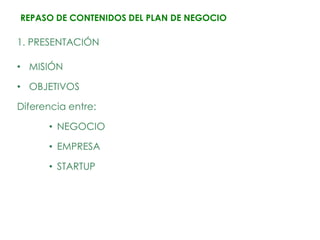 REPASO DE CONTENIDOS DEL PLAN DE NEGOCIO

1. PRESENTACIÓN

• MISIÓN

• OBJETIVOS

Diferencia entre:

      • NEGOCIO

      • EMPRESA

      • STARTUP
 